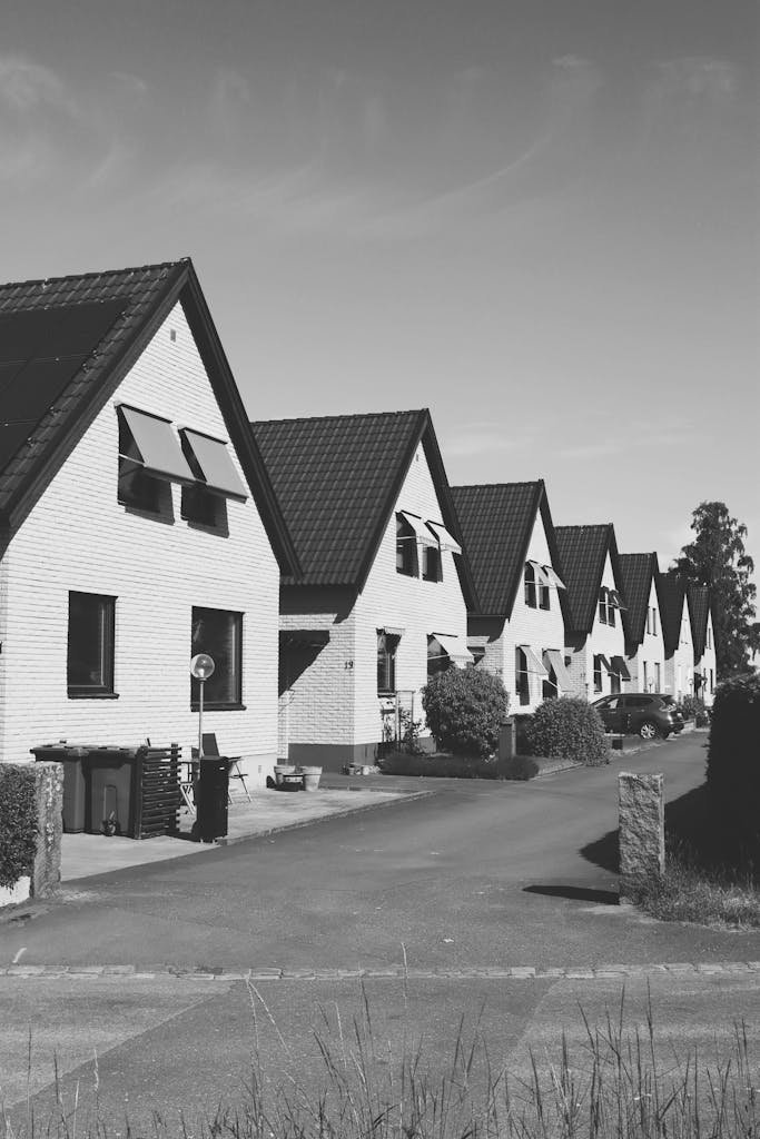 Black and white view of suburban houses in Jönköping, Sweden.